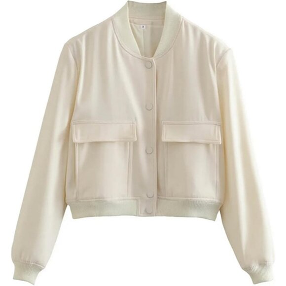 Women Beige Cropped Bomber Jacket Button Down Varsity Shacket with Pockets - Picture 5 of 5
